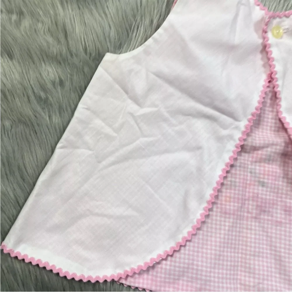Vintage Handmade Toddler Girls Pink White Apron Top Kitty Cat Embroidery